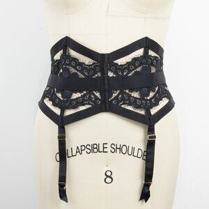 Victorias Secret Sheer Black Lace Garter Belt Waspie w/ Suspenders M/L